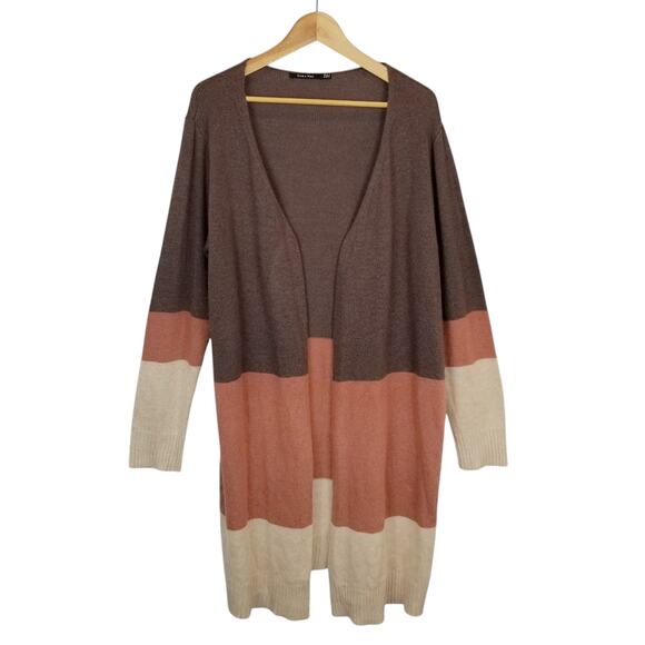 Doe & Rae Women's Brown Tan Colorblock Long Duster Cardigan Cashmere Size 1X - Picture 2 of 8